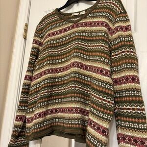VTG Cato Women's Large Fair Isle Knit Sweater Cotton Ramie Floral Green V Neck